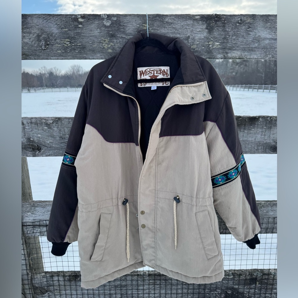 Vintage Western Frontier Jacket Aztec Detail Quilted Lined Barn Coat Large USA